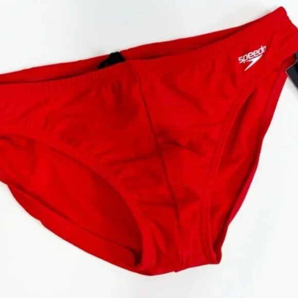 SPEEDO POWERFLEX ECO RED WHITE MEN SWIMMING BRIEF BIKINI BOTTOM SIZE 38 NEW - Picture 1 of 4